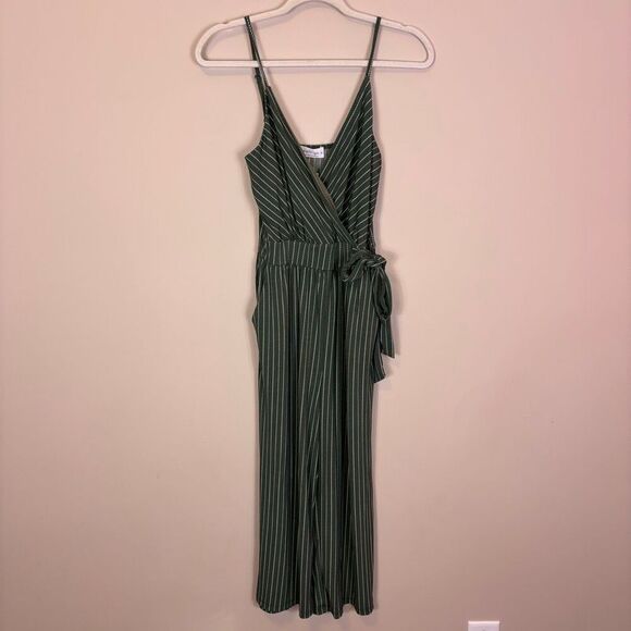 Kaileigh Pants - New Kaileigh Green with White Rica Knit Striped V Neck Cropped Jumpsuit Small